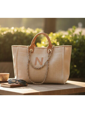 Personalized Tweed Tote Bag Monogram Letter N Shoulder Handbag Travel Bag